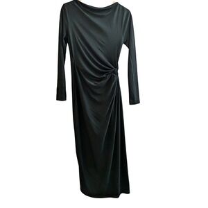 Donna Karan New York Designer Black Draped Ruched Midi Dress Long Sleeve Sz 2